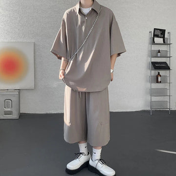 AIDASE  -  Casual Men Two-piece Lapel Short Sleeve Solid Color Male T-shirt Fashion Loose Shorts Fashionable Versatile Sets 21E5888 aidase-shop